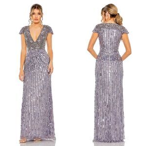 Mac Duggal 93914 V-Neck Cap Sleeve Embellished Formal Gown,  Heather, Size 14